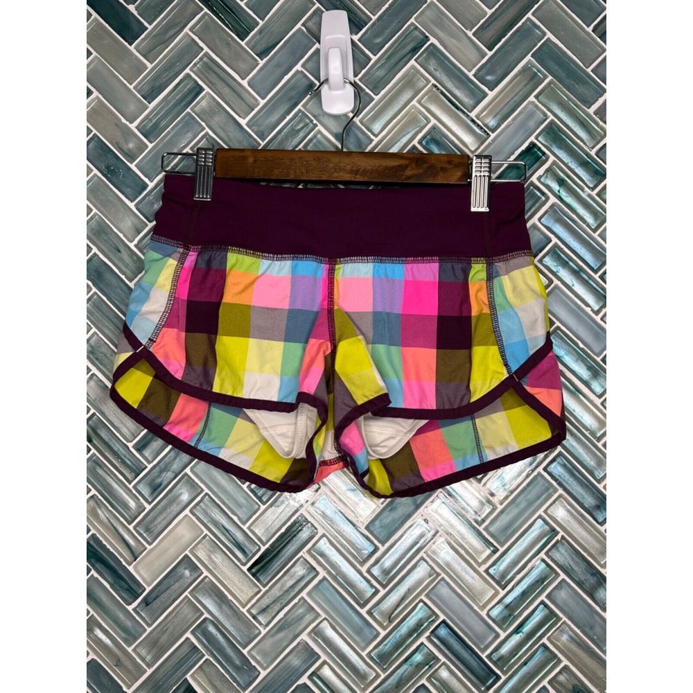 LULULEMON SPEED SHORTS SEA‎ CHECK MULTI PLUM PLAID 2.5" SIZE 2 RUNNING ACTIVE